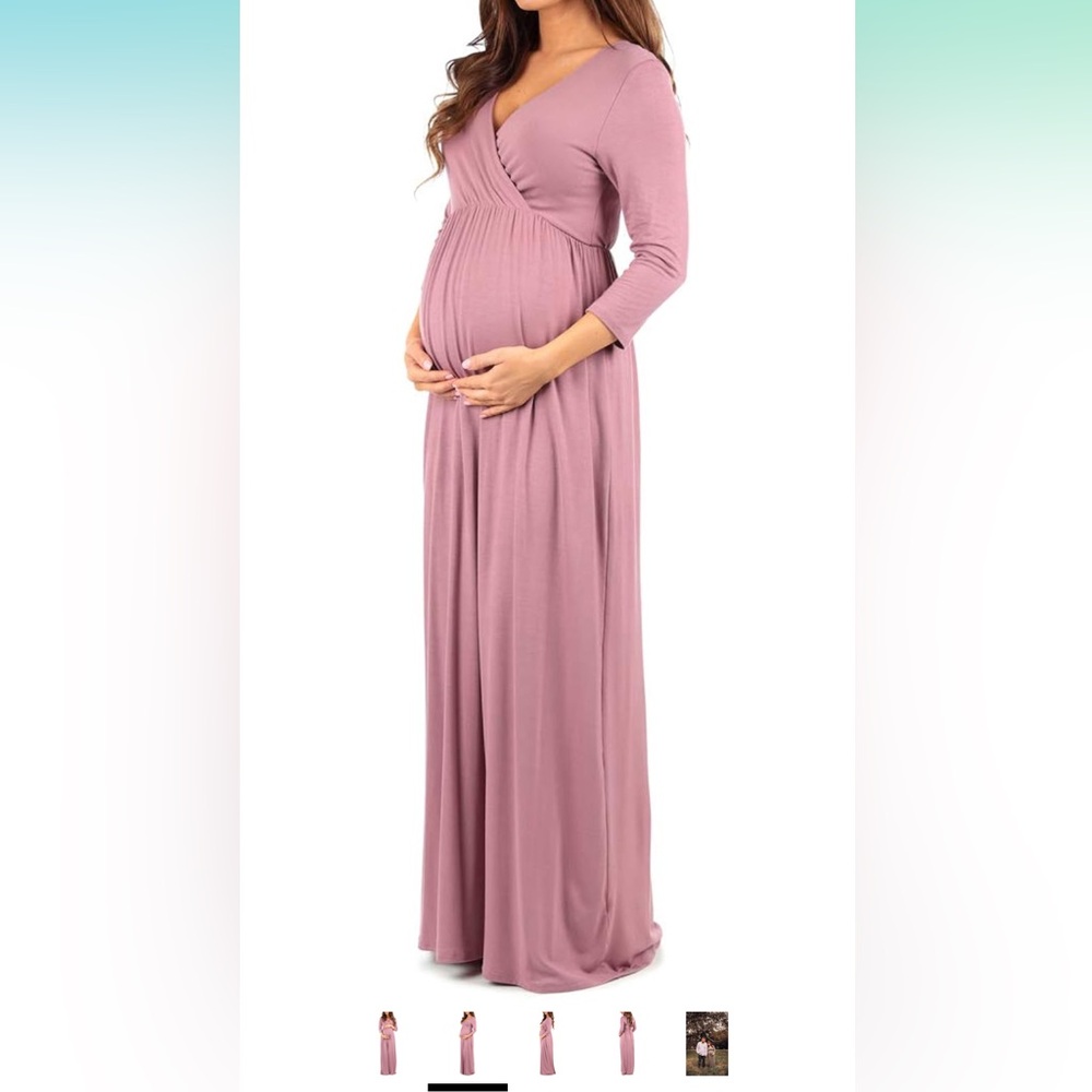 Pink Mother Bee Maternity V-Neck 3/4 Sleeve Ruched Waist Dress in size medium - Picture 6 of 7